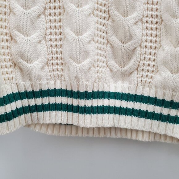 American Eagle Women's Cream Green‎ Stripe Cable Knit Preppy Academia Sweater M - Picture 3 of 6